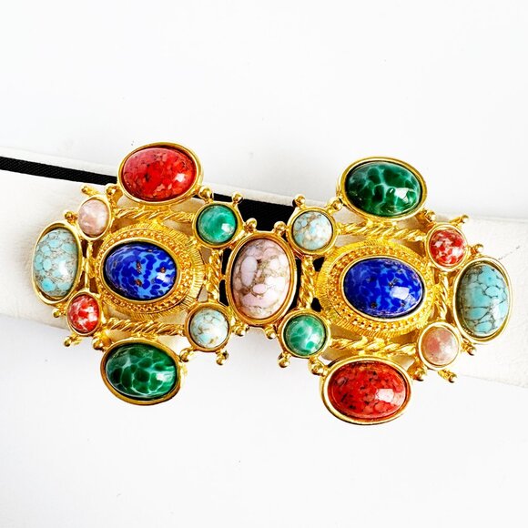 Vintage Paquette Belt Buckle with Cabochons + White Gay Boyer Belt Strap - Picture 2 of 12